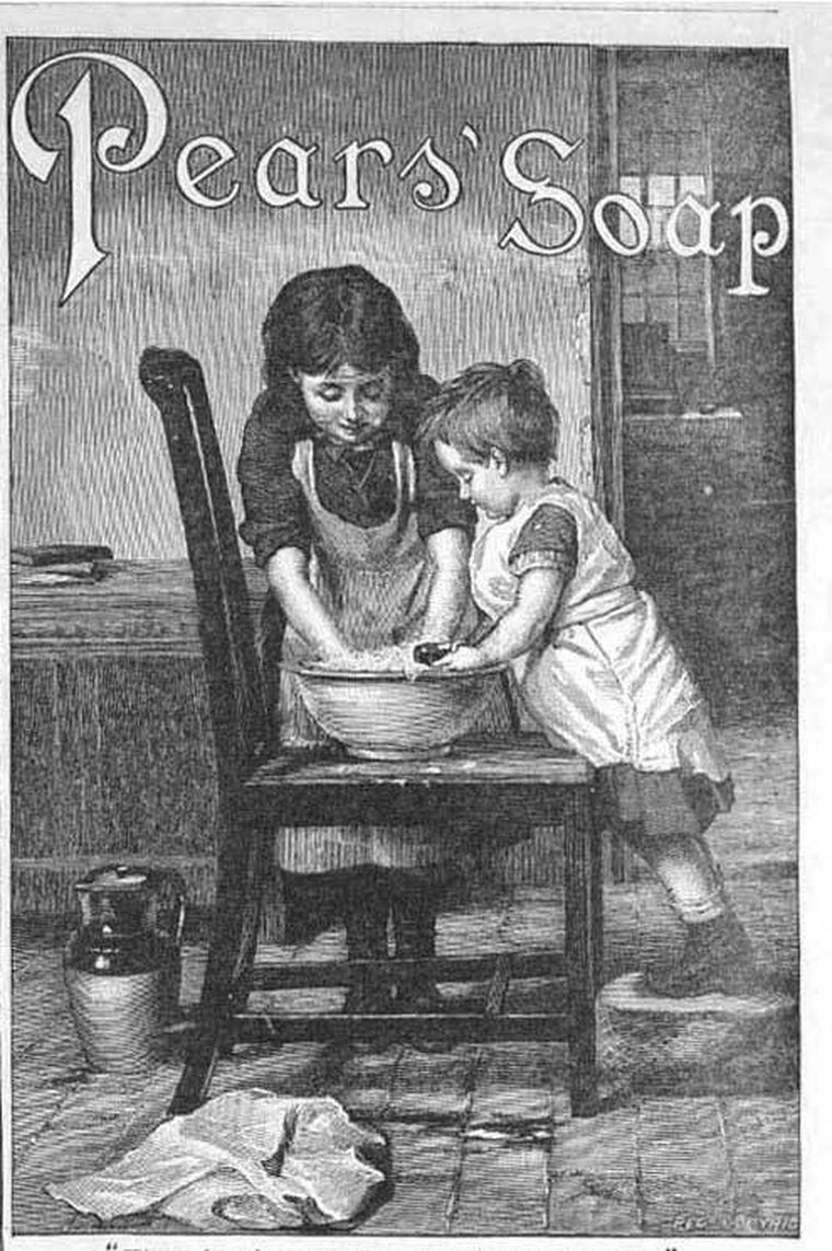 Ilustração do anúncio da Pears: duas crianças lavando as mãos numa bacia sobre uma cadeira.