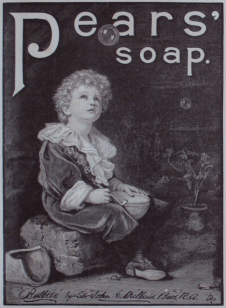 Quadro Bubbles, de John Everett Millais: um menino observando uma bolha de sabão, com a marca Pears impressa embaixo.