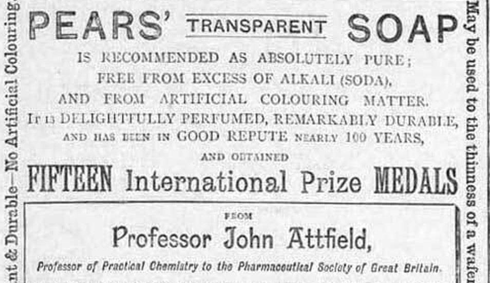 Trecho do anúncio listando quinze medalhas internacionais e o endosso do professor John Attfield.